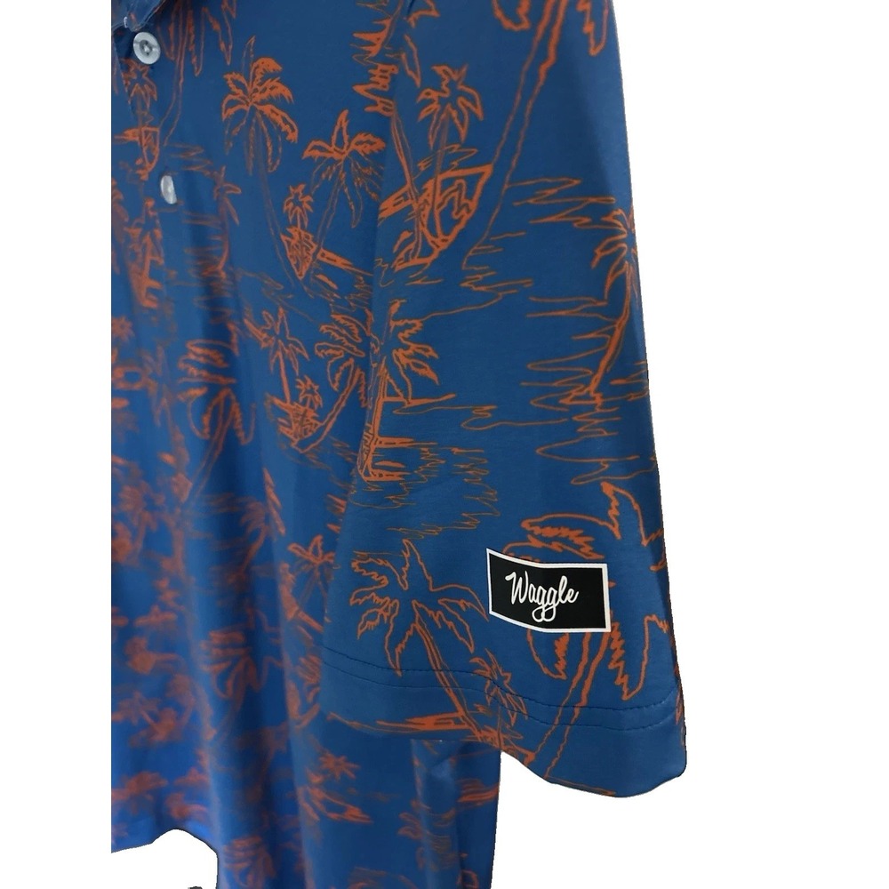 Waggle Men's Size Medium Blue Palms Tropical Polo Shirt Short Sleeve Collar Golf - Picture 4 of 4